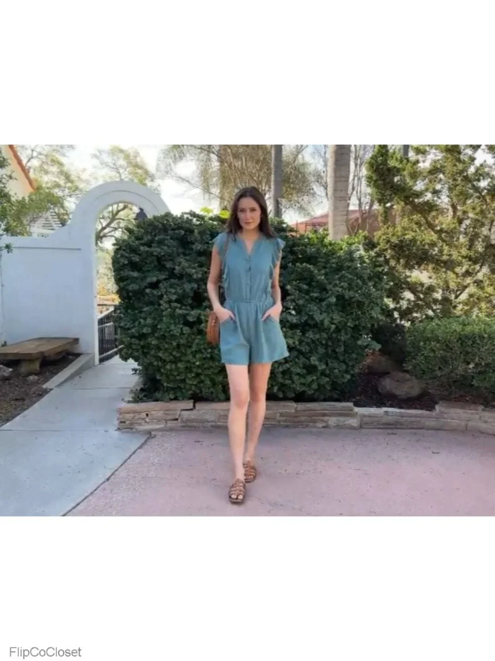 Women's Flutter Sleeve Wide Leg Romper with Pockets, V-Neck Button Down